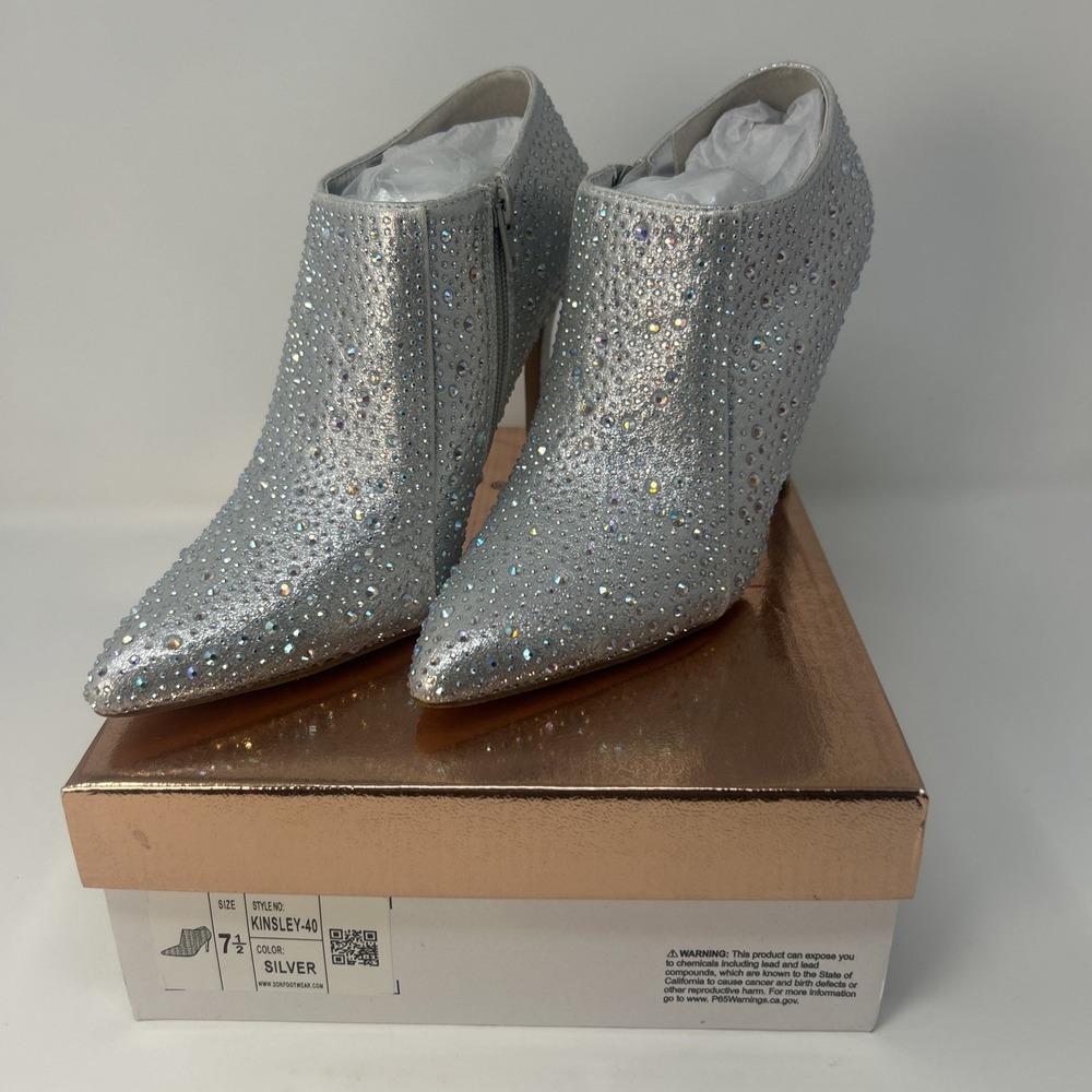 NIB Cathy Din Kinsley Silver Heeled Glitzy Bootie Sz 7 1/2 AB Rhinestone